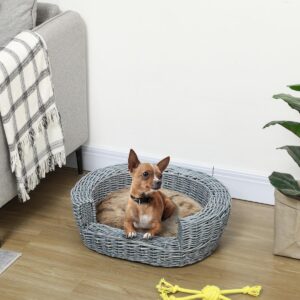 PetsMania Wicker Pet Bed Willow Dog Cat Sofa Couch Puppy Basket with Cushion Grey 57L x 46W x 17.5H cm - in use view