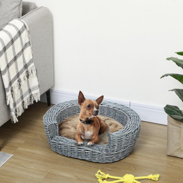 PetsMania Wicker Pet Bed Willow Dog Cat Sofa Couch Puppy Basket with Cushion Grey 57L x 46W x 17.5H cm - in use view
