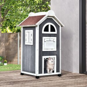 Wooden Cat House, Weatherproof Pet Shelter, Outdoor Cat Condos Cave, 2 Floor Furniture, Grey and White - in use view