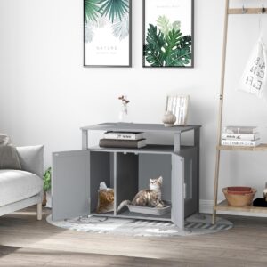 Wooden Cat Litter Box Enclosure Furniture with Adjustable Interior Wall & Large Tabletop for Nightstand, Grey - in use view