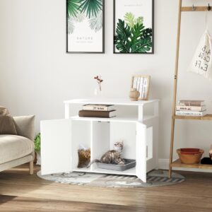 Wooden Cat Litter Box Enclosure Furniture with Adjustable Interior Wall & Large Tabletop for Nightstand, White - in use view