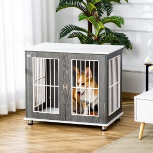 Dog Crate Wooden Pet Kennel Cage End Table with Lockable Door for Small Medium Dog Grey & White 85 x 55 x 75 cm - in use view