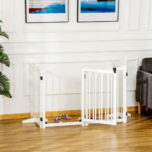 Wooden Dog Gate, Dog Fence Indoor, 80 cm Tall Freestanding Pet Gate for Small and Medium Dogs with 4 Panels, 2 Support Feet, White - in use view