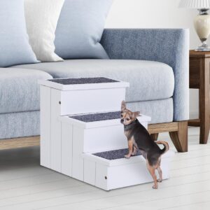 3 Step Wooden Dog Steps Pet Stairs for Dogs, Cat Ladder for Bed Couch with Storage White - in use view