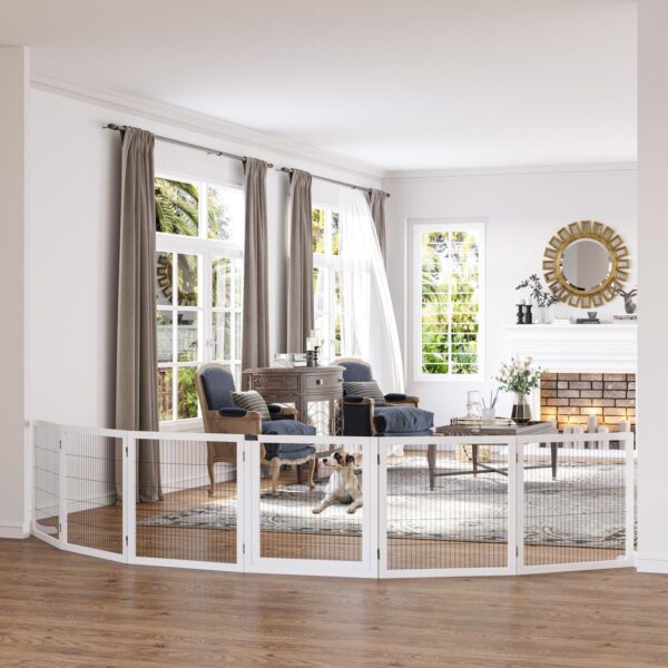 Wooden Pet Gate, Freestanding Dog Safety Barrier, with 2 Support Feet, White - in use view