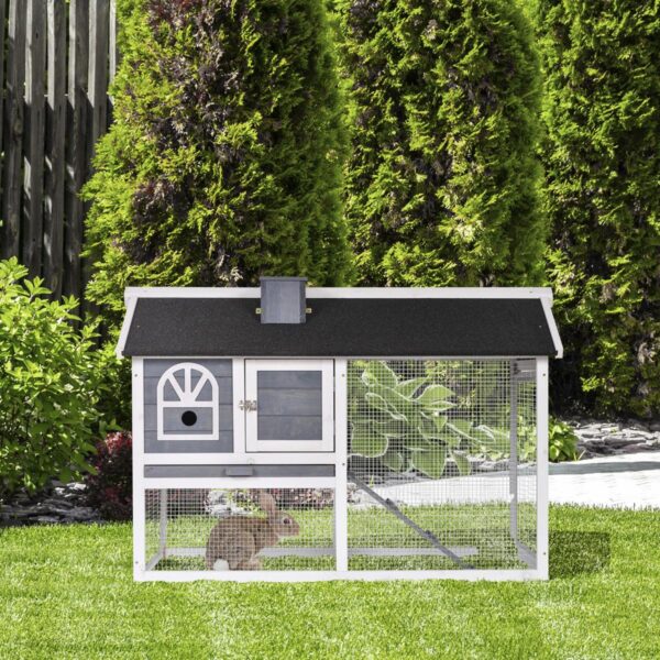 Wooden Rabbit Hutch and Run with Sliding Tray, Ramp, Water-resistant Roof, for 2-4 Rabbits, Grey - in use view