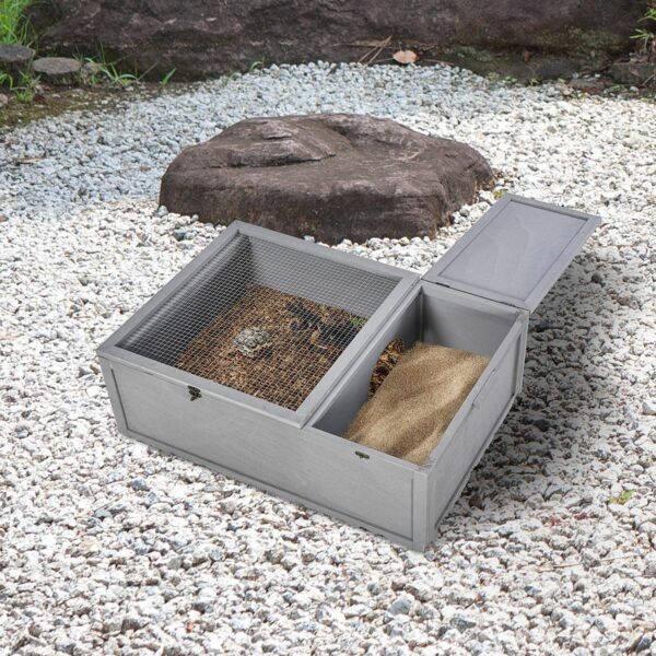 94 cm Wooden Tortoise House Turtle Habitat Small Reptile Cage Enclosure with Two Room Grey - in use view